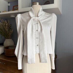 Beulah White Satin Tie-Neck Puff Sleeve Blouse Size S